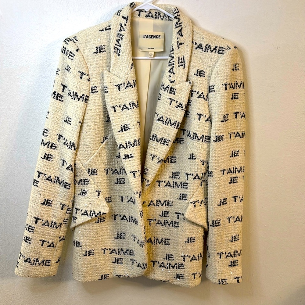 L'AGENCE Cream Tweed Blazer with Navy 'Je T'aime' Script
